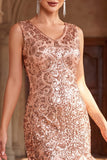 Vestido bodycon dos anos 1920 com decote em V e lantejoulas rosas, conjunto de acessórios de 5 peças