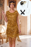 Vestido dos anos 1920 com decote redondo dourado brilhante e conjunto de acessórios de 4 peças