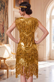 Vestido dos anos 1920 com decote redondo dourado brilhante e conjunto de acessórios de 4 peças