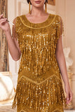 Vestido dos anos 1920 com decote redondo dourado brilhante e conjunto de acessórios de 4 peças