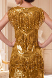 Vestido dos anos 1920 com decote redondo dourado brilhante e conjunto de acessórios de 4 peças