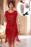 Vestido Midi dos anos 1920 com franjas e franjas vermelhas vermelhas com conjunto de acessórios de 5 peças