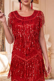 Vestido Midi dos anos 1920 com franjas e franjas vermelhas vermelhas com conjunto de acessórios de 5 peças