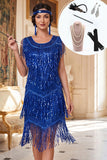 Vestido Midi dos anos 1920 com decote redondo, lantejoulas azul reais, com 5 peças e acessórios