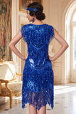 Vestido Midi dos anos 1920 com decote redondo, lantejoulas azul reais, com 5 peças e acessórios