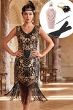 Vestido midi preto dos anos 1920 com decote dourado dourado e lantejoulas, decote em V, com conjunto de acessórios de 5 peças