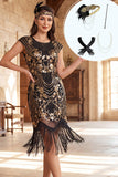 Vestido preto dourado com decote redondo, lantejoulas com franjas, vestido bodycon midi anos 1920 com conjunto de acessórios de 4 peças
