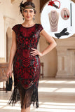 Vestido preto vermelho com lantejoulas e lantejoulas bodycon franjas dos anos 1920 com conjunto de acessórios de 5 peças
