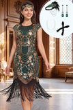 Vestido Midi dos anos 1920 com lantejoulas douradas e gola redonda verde, com franjas, com conjunto de acessórios de 4 peças