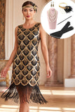 Vestido preto dourado com lantejoulas com franjas dos anos 1920 e conjunto de acessórios de 5 peças