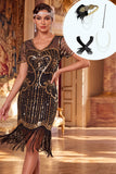 Vestido Bodycon Midi dos anos 1920 preto com decote em V e lantejoulas douradas com conjunto de acessórios de 5 peças