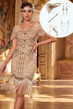 Vestido Bodycon Midi dos anos 1920 com decote em V, decote em V, de almasco, com conjunto de acessórios de 5 peças
