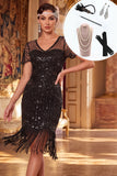 Vestido preto Midi Midi dos anos 1920 com decote em V e lantejoulas pretas com conjunto de acessórios de 5 peças