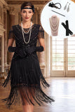 Vestido dos anos 1920 com decote redondo, lantejoulas pretas com franjas e camadas, com conjunto de acessórios de 5 peças