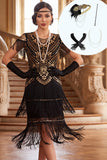 Vestido midi dos anos 1920 com franjas e decote redondo preto, dourado e dourado, vestido midi dos anos 1920 com 4 peças