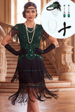 Vestido dos anos 1920 com decote redondo preto-verde e lantejoulas com franjas e conjunto de acessórios de 4 peças