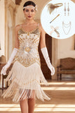 Conjunto de vestido bodycon com alças finas com franjas com camadas de lantejoulas com lantejoulas em camadas dos anos 1920 com acessórios de 5 peças