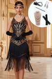 Vestido preto dourado com decote em V, lantejoulas, alças finas, vestido dos anos 1920 com franjas, conjunto de acessórios de 5 peças