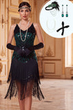Vestido dos anos 1920 com lantejoulas bodycon preto verde, alças finas com franjas, com conjunto de acessórios de 4 peças