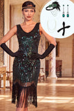 Vestido bodycon preto verde brilhante com decote em V e franjas dos anos 1920 com conjunto de acessórios de 4 peças