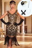 Vestido preto dourado com lantejoulas e franjas bodycon dos anos 1920 com conjunto de acessórios de 4 peças
