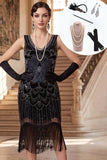 Vestido dos anos 1920, bodycon decote em V com franjas pretas e conjunto de acessórios de 5 peças