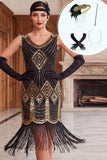 Vestido preto dourado com decote em V e franjas, bodycon dos anos 1920 com conjunto de acessórios de 5 peças