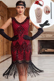 Vestido preto vermelho com lantejoulas e franjas bodycon dos anos 1920 com conjunto de acessórios de 5 peças