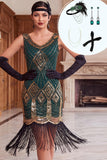 Vestido bodycon midi anos 1920 com lantejoulas douradas verdes com franjas e decote em V, com conjunto de acessórios de 4 peças