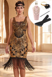 Vestido preto dourado com decote em V, lantejoulas com franjas, dos anos 1920 com conjunto de acessórios de 5 peças