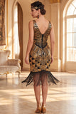 Vestido preto dourado com decote em V, lantejoulas com franjas, dos anos 1920 com conjunto de acessórios de 5 peças