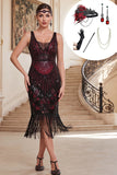 Vestido bodycon em tule com decote em V com franjas pretas e lantejoulas pretas com conjunto de acessórios de 5 peças