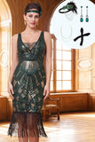 Vestido dos anos 1920 com decote em V, decote em V com franjas, Bodycon Lantejoulas Verde-Escuras e Conjunto de Acessórios de 4 Peças
