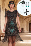 Vestido bodycon franjas preto verde com franjas dos anos 1920 e conjunto de acessórios de 4 peças