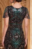 Vestido bodycon franjas preto verde com franjas dos anos 1920 e conjunto de acessórios de 4 peças