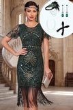Bodycon vestido verde escuro de lantejoulas com gola redonda com franjas dos anos 1920 e conjunto de acessórios de 4 peças