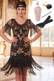Vestido preto dourado de gola redonda com lantejoulas, bodycon dos anos 1920 e conjunto de acessórios de 5 peças