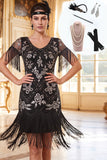 Vestido bodycon dos anos 1920 com franjas pretas prateadas e lantejoulas com conjunto de acessórios de 4 peças