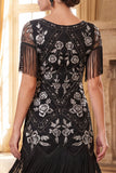Vestido bodycon dos anos 1920 com franjas pretas prateadas e lantejoulas com conjunto de acessórios de 4 peças