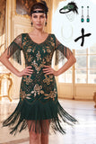 Vestido Bodycon Verde Dourado em V-Necck com franjas dos anos 1920 e conjunto de acessórios de 4 peças