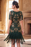 Vestido Bodycon Verde Dourado em V-Necck com franjas dos anos 1920 e conjunto de acessórios de 4 peças