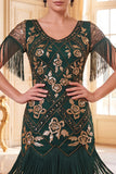 Vestido Bodycon Verde Dourado em V-Necck com franjas dos anos 1920 e conjunto de acessórios de 4 peças