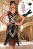 Vestido bodycon decote em V com franjas pretas e lantejoulas douradas dos anos 1920 com conjunto de acessórios de 5 peças