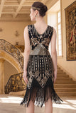 Vestido bodycon decote em V com franjas pretas e lantejoulas douradas dos anos 1920 com conjunto de acessórios de 5 peças
