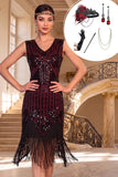 Vestido preto vermelho de lantejoulas com decote em V e franjas dos anos 1920 com conjunto de acessórios de 5 peças