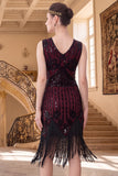 Vestido preto vermelho de lantejoulas com decote em V e franjas dos anos 1920 com conjunto de acessórios de 5 peças