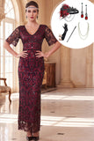 Vestido dos anos 1920 com lantejoulas em forma de bainha bordô com decote em V e conjunto de acessórios de 5 peças