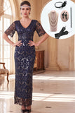 Vestido azul-marinho com decote em V, mangas curtas, lantejoulas dos anos 1920 com conjunto de acessórios de 5 peças