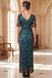 Vestido longo dos anos 1920 com decote em V e decote em V verde pavão com conjunto de acessórios de 4 peças