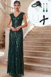 Vestido dos anos 1920 em tule verde escuro com decote em V, com 4 peças